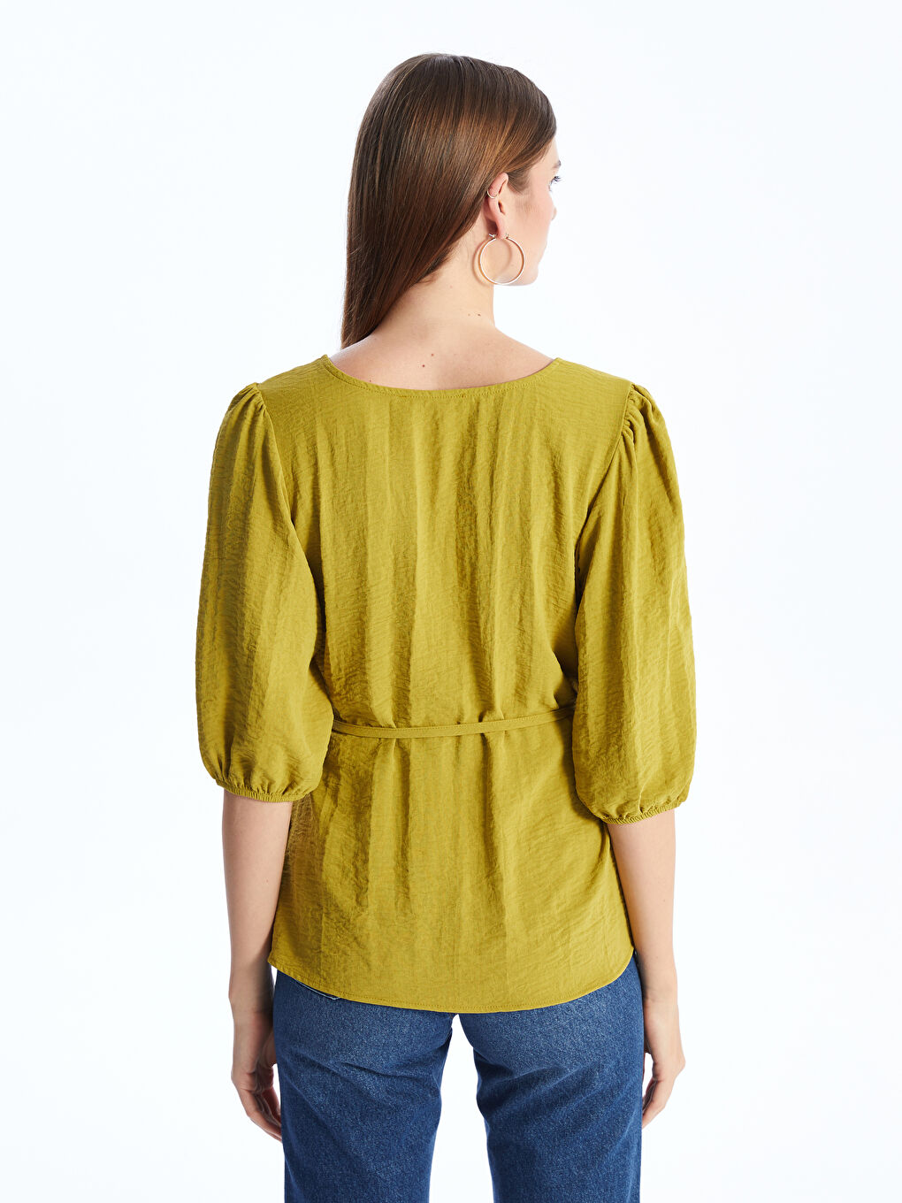 Yeşil Kadın V Yaka Düz Bluz-9