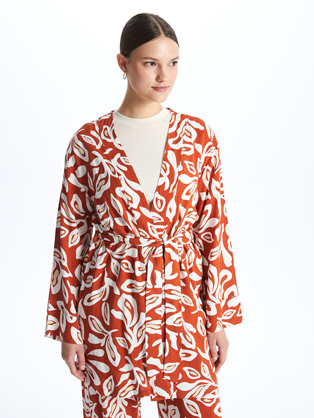 Shawl Collar Patterned Long Sleeve Oversize Women's Kimono-1