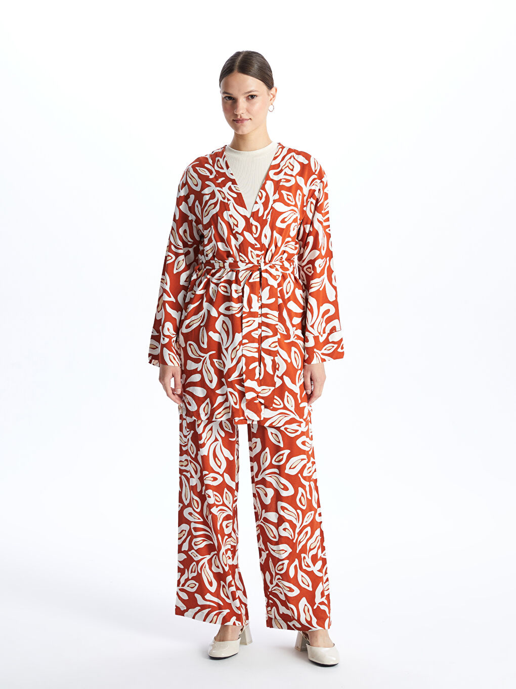 Shawl Collar Patterned Long Sleeve Oversize Women's Kimono-2