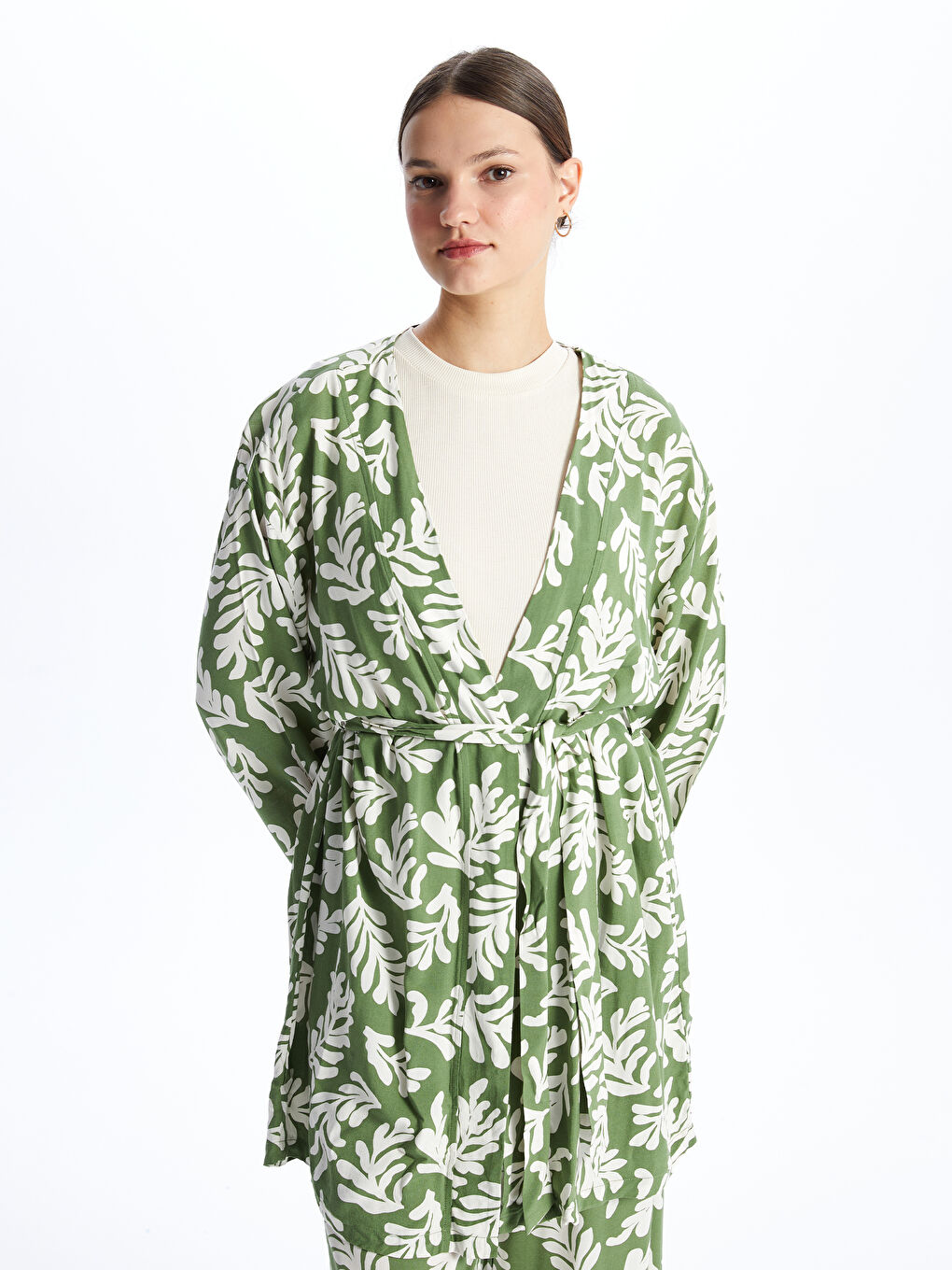 Shawl Collar Patterned Long Sleeve Oversize Women's Kimono-1