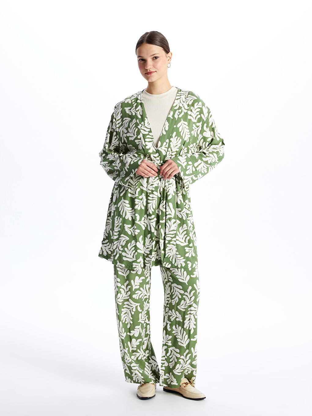 Shawl Collar Patterned Long Sleeve Oversize Women's Kimono-2