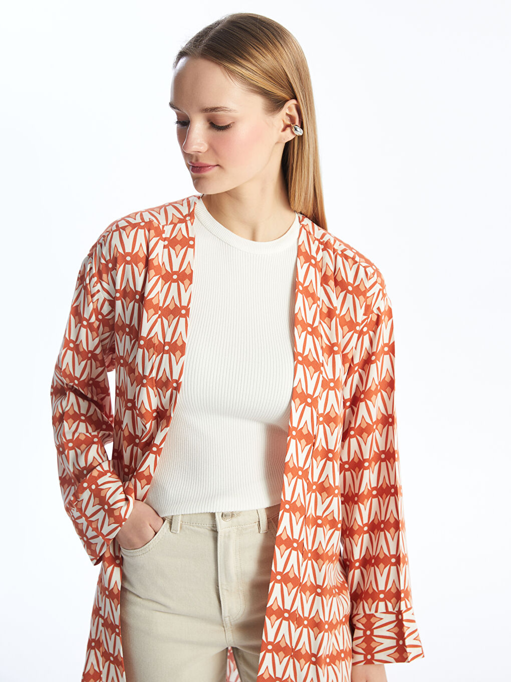 Shawl Collar Patterned Long Sleeve Oversize Women's Kimono-1