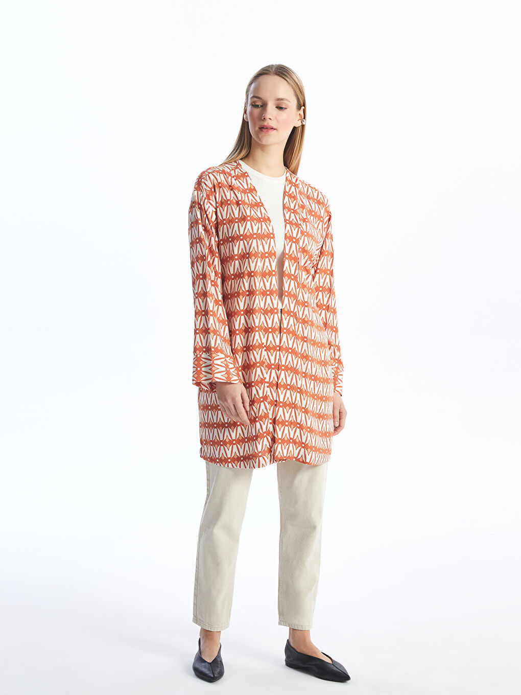 Shawl Collar Patterned Long Sleeve Oversize Women's Kimono-2