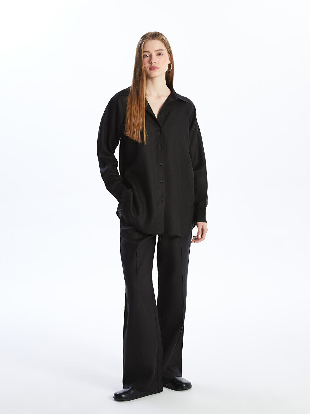 Plain Linen Women's Palazzo Trousers with Elastic Waist -S4BM81Z8-RQL