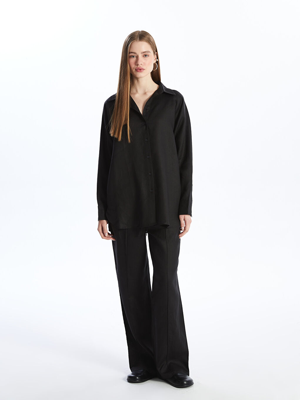 Plain Linen Women's Palazzo Trousers with Elastic Waist -S4BM81Z8-RQL