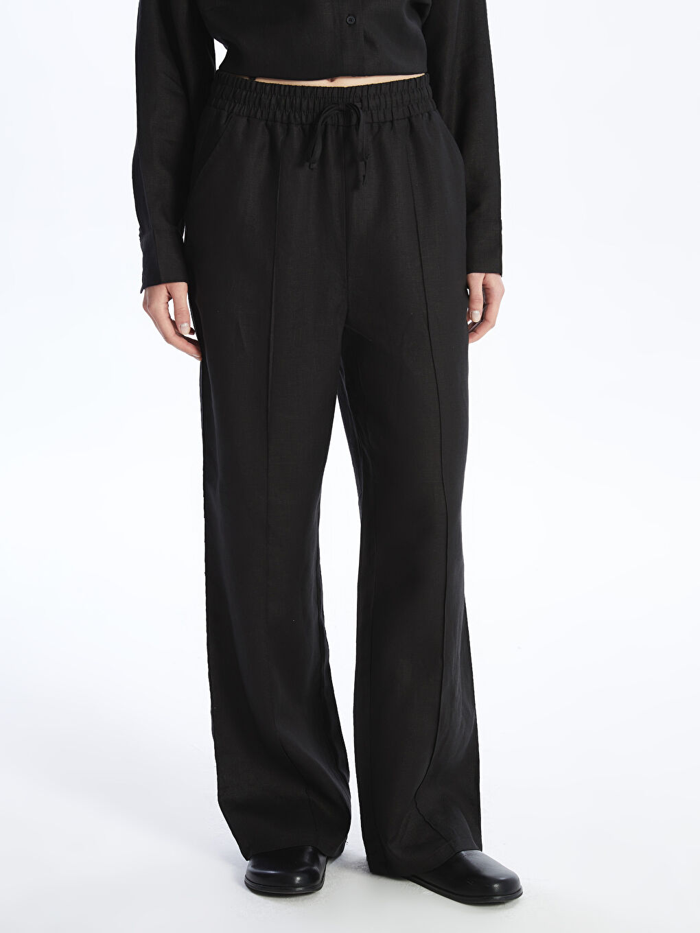 Plain Linen Women's Palazzo Trousers with Elastic Waist -S4BM81Z8-RQL