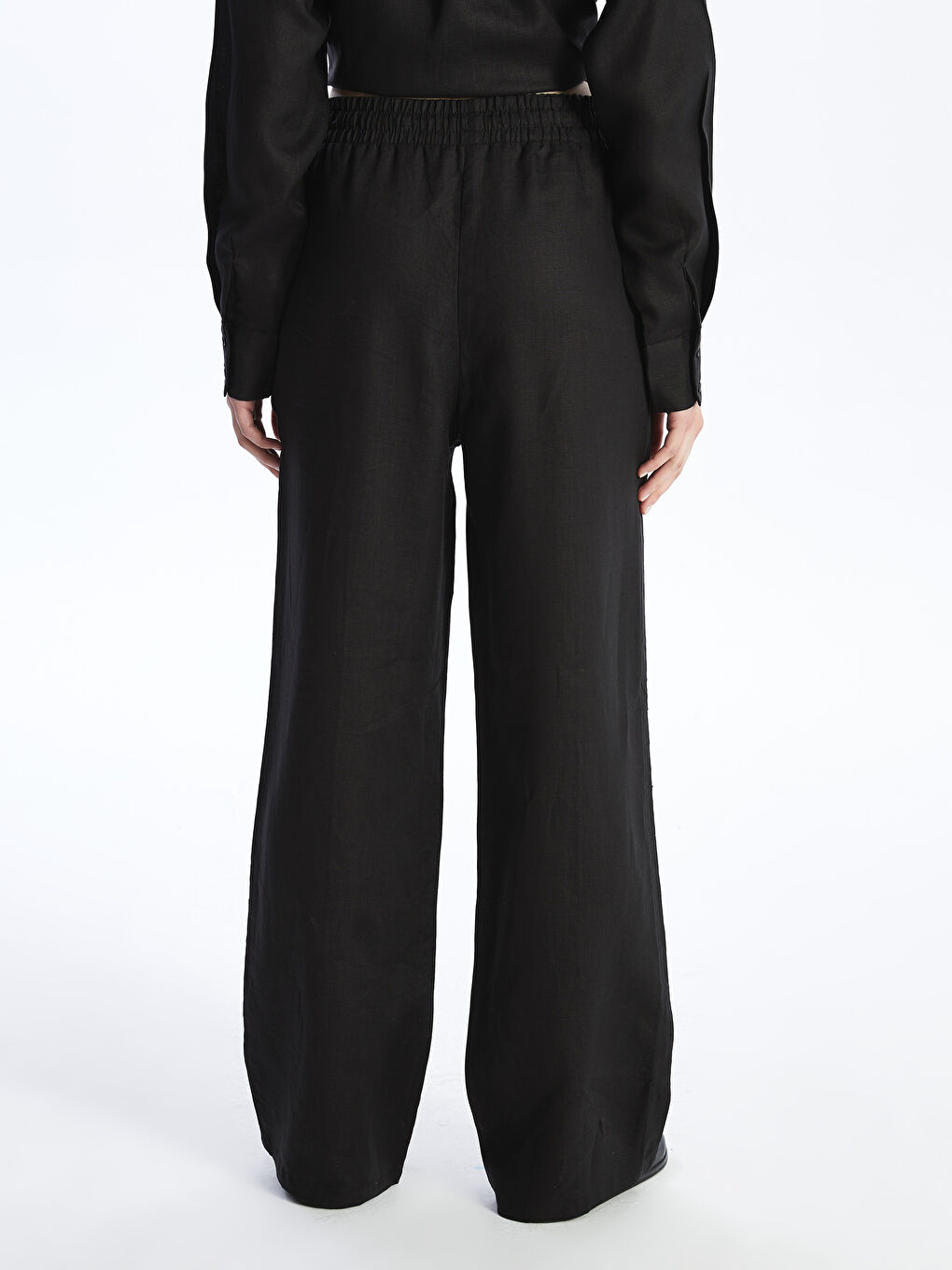 Plain Linen Women's Palazzo Trousers with Elastic Waist -S4BM81Z8-RQL