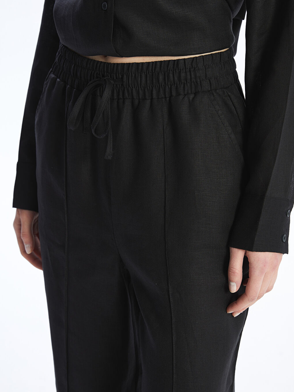 Plain Linen Women's Palazzo Trousers with Elastic Waist -S4BM81Z8-RQL