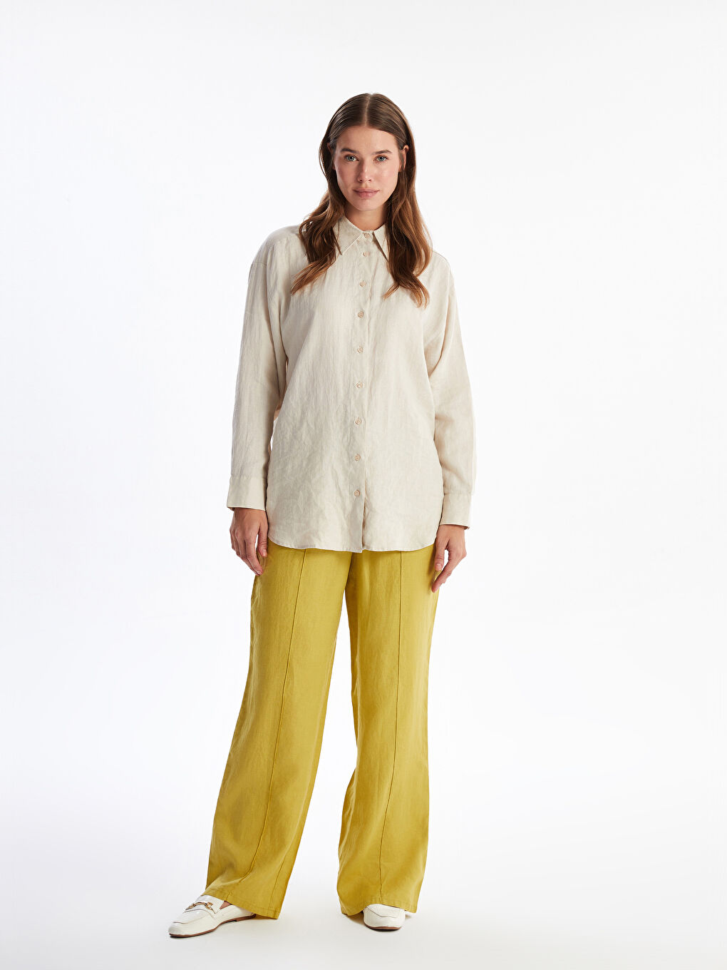 Plain Linen Women's Palazzo Trousers with Elastic Waist -S4BM81Z8-SZR
