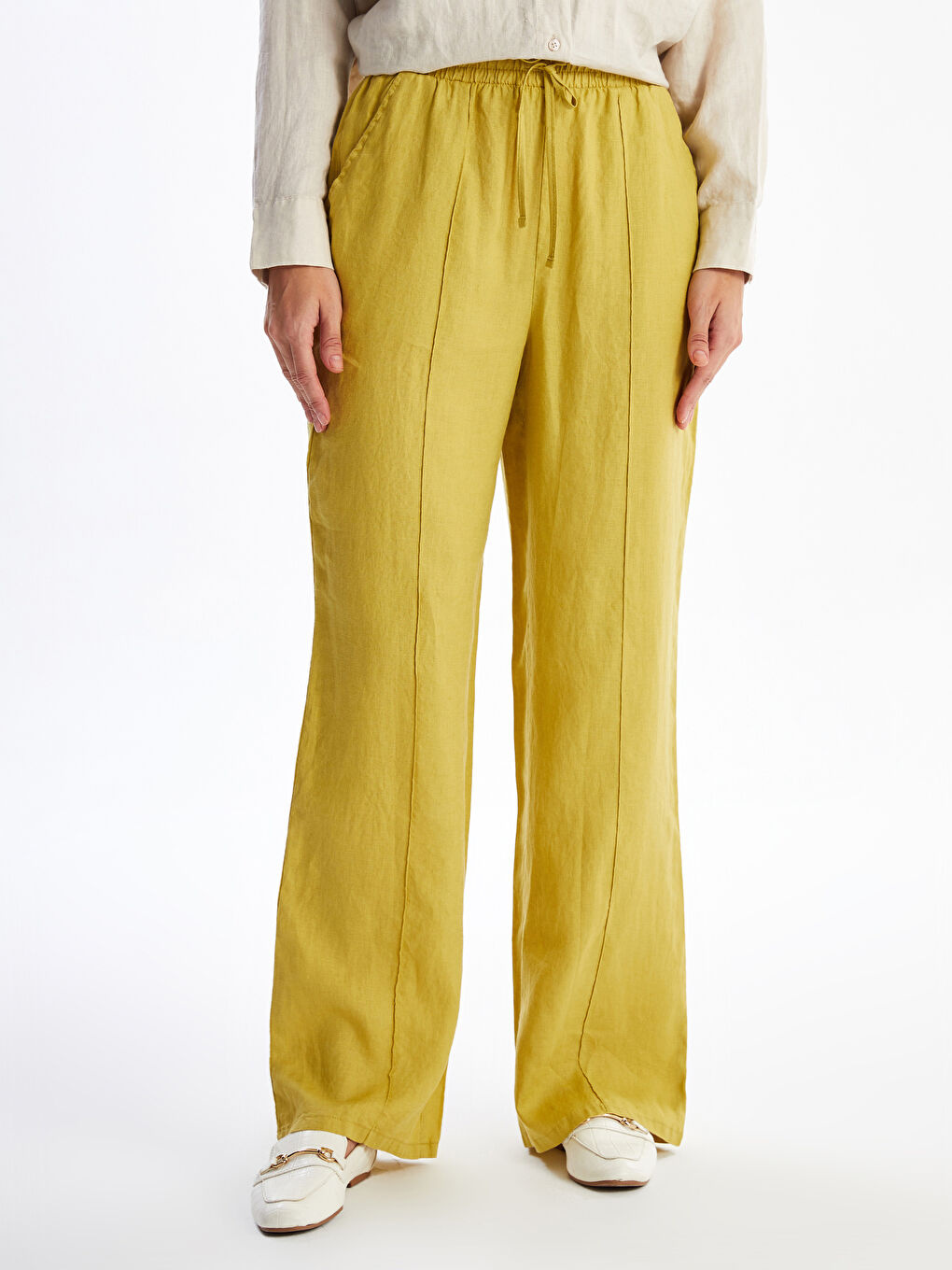 Plain Linen Women's Palazzo Trousers with Elastic Waist -S4BM81Z8-SZR