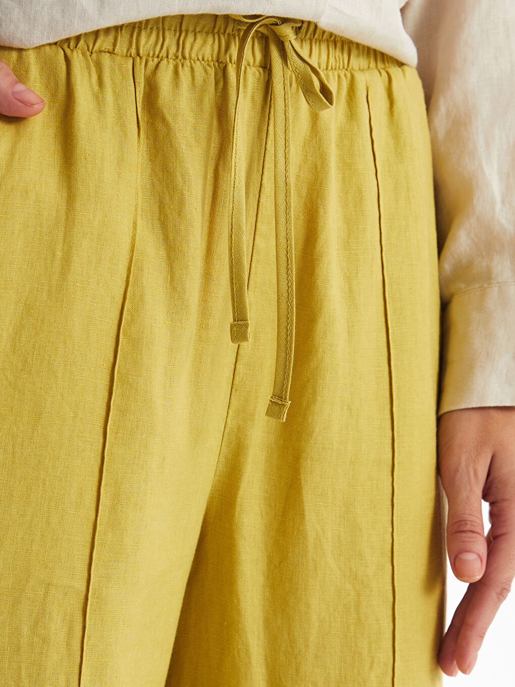 Plain Linen Women's Palazzo Trousers with Elastic Waist -S4BM81Z8-SZR