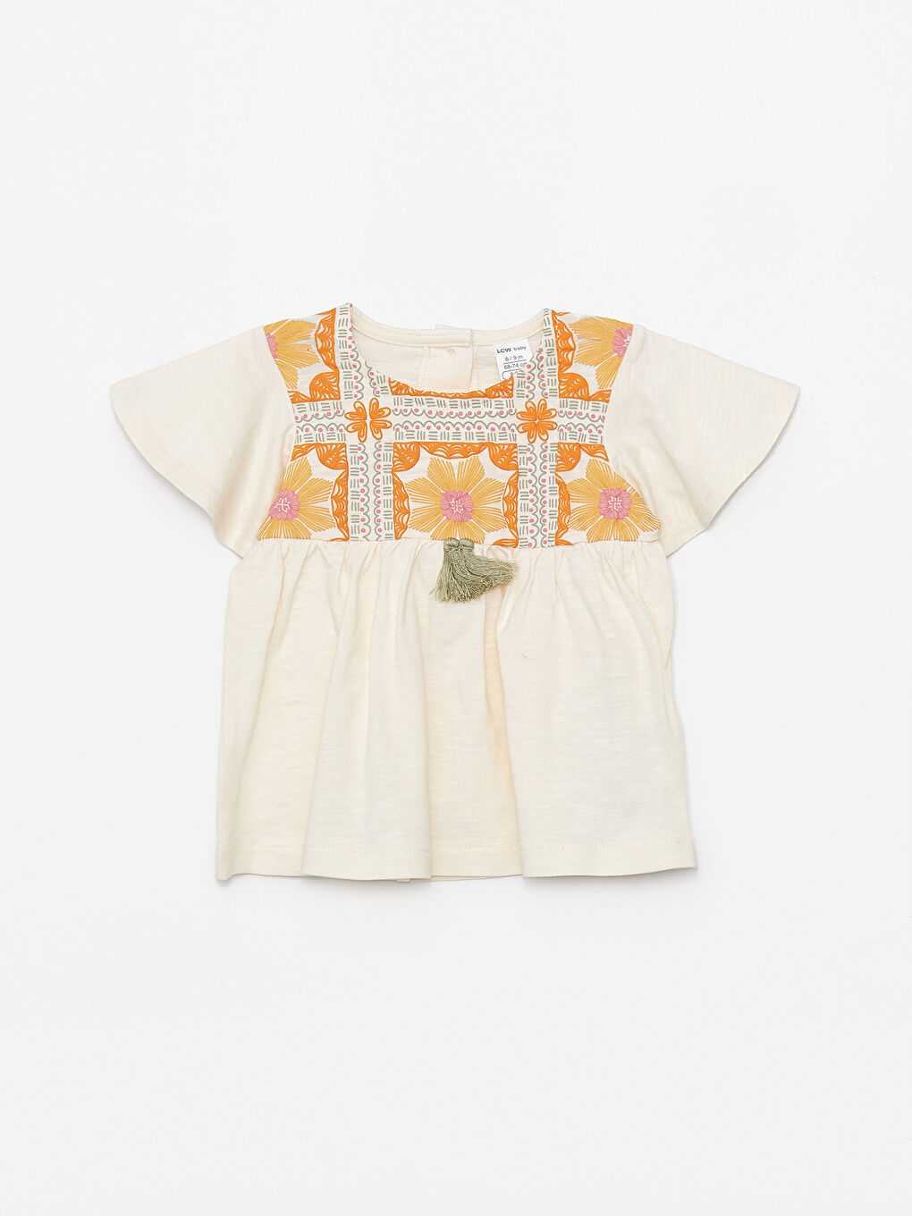 Ekru Bisiklet Yaka Nakışlı Kız Bebek Tişört