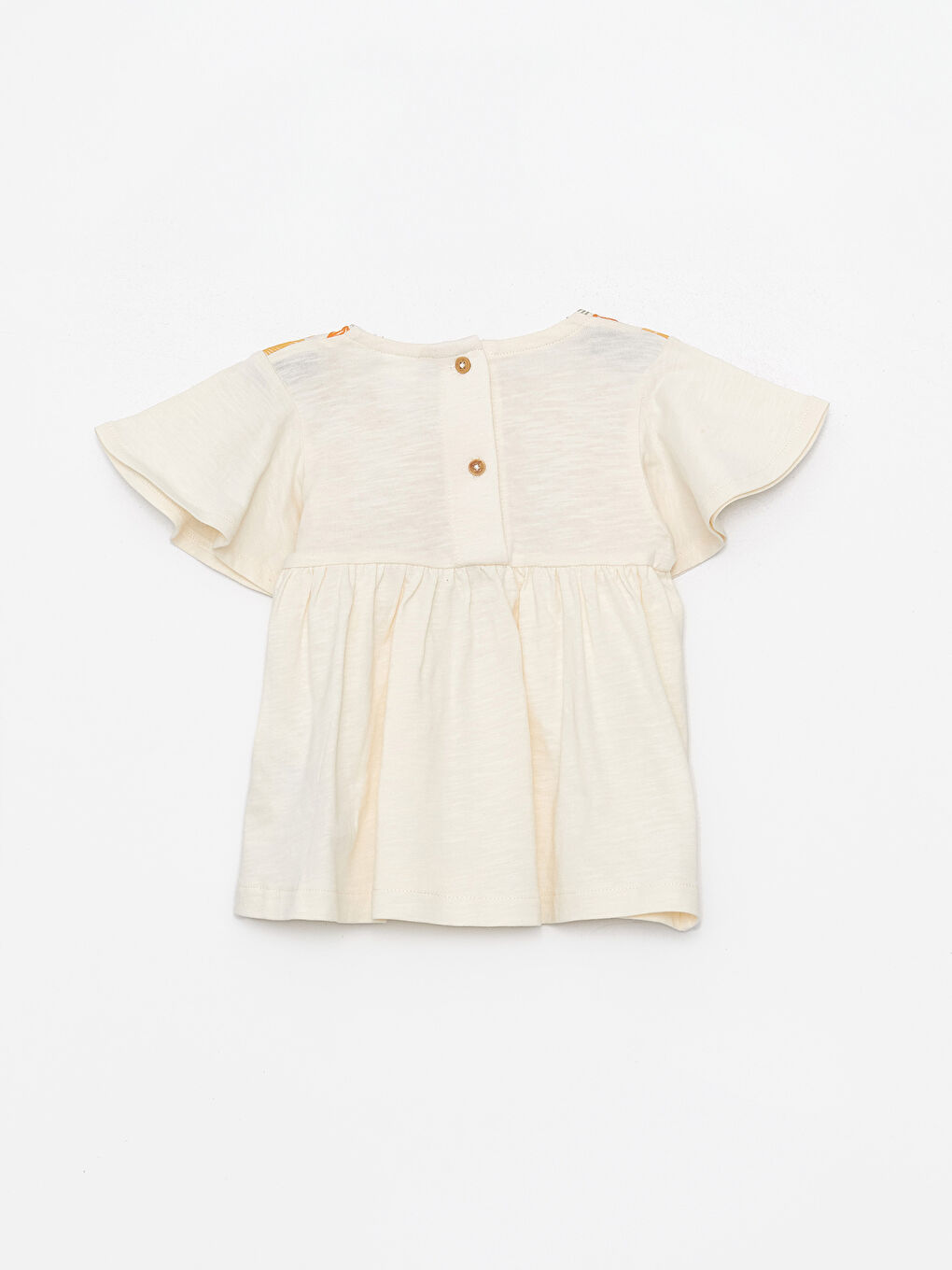 Ekru Bisiklet Yaka Nakışlı Kız Bebek Tişört-1