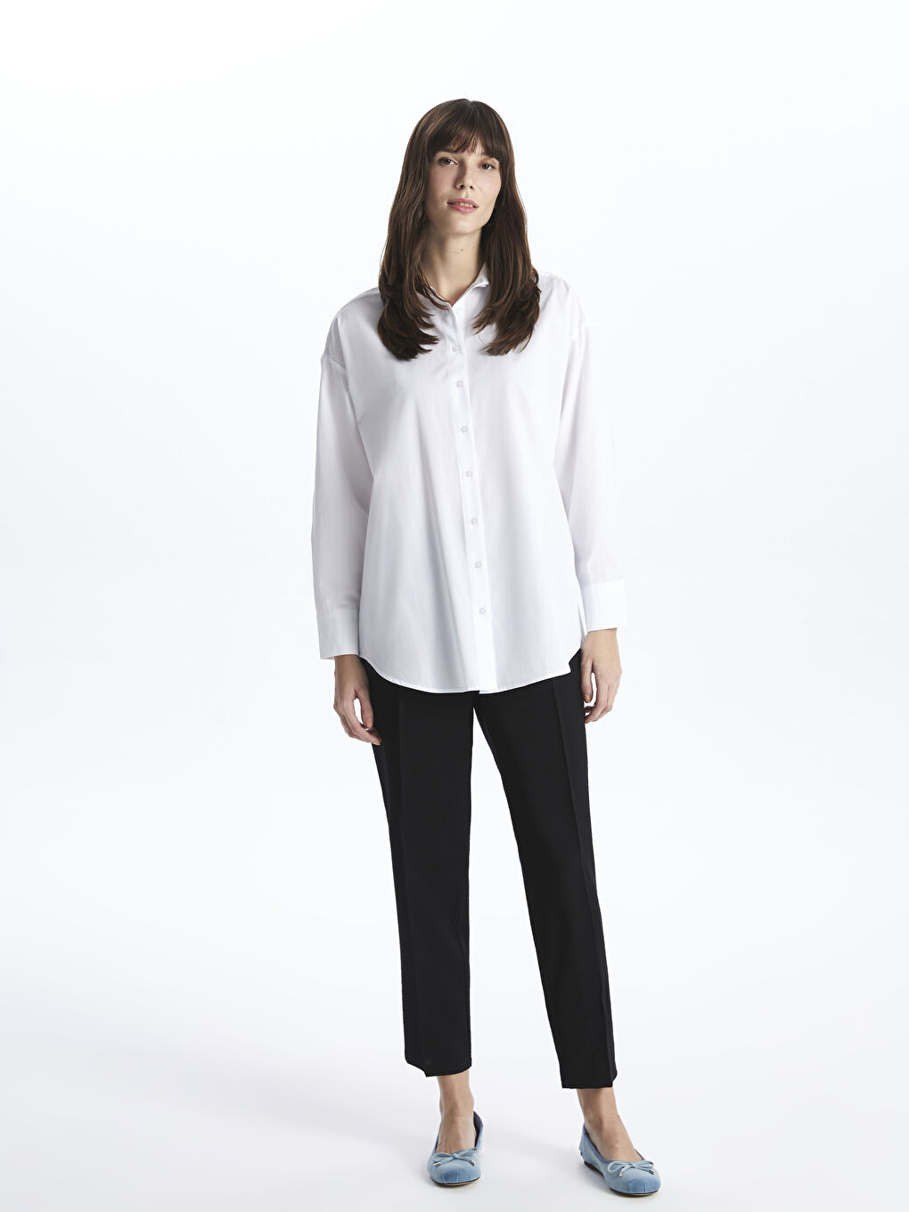 Beyaz Kendinden Desenli Uzun Kollu Oversize Kadın Gömlek Tunik-2