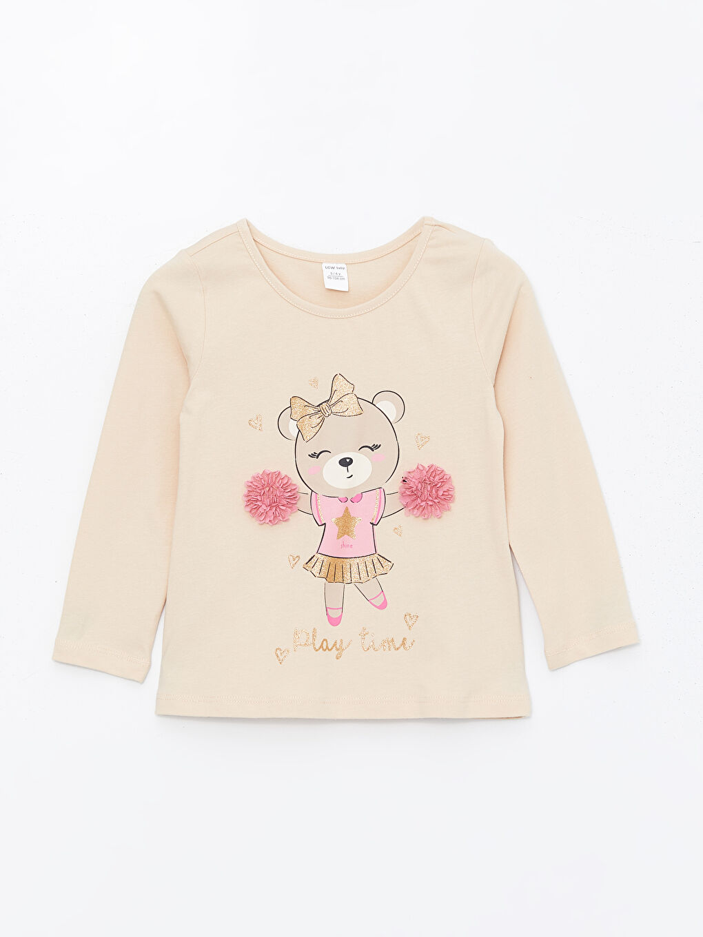 Pembe Bisiklet Yaka Uzun Kollu Baskılı Kız Bebek Tişört