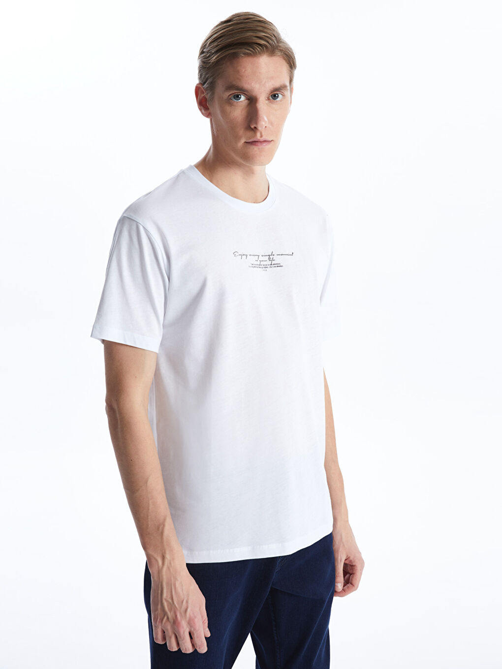 Beyaz Bisiklet Yaka Kısa Kollu Baskılı Penye Erkek Tişört-1