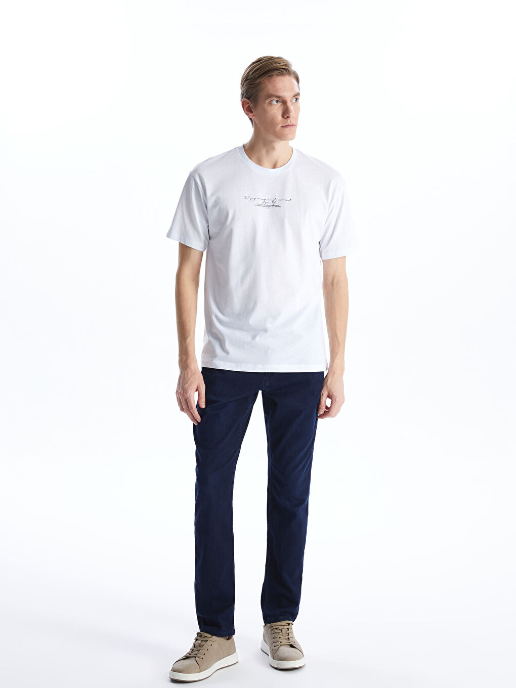 Beyaz Bisiklet Yaka Kısa Kollu Baskılı Penye Erkek Tişört-2