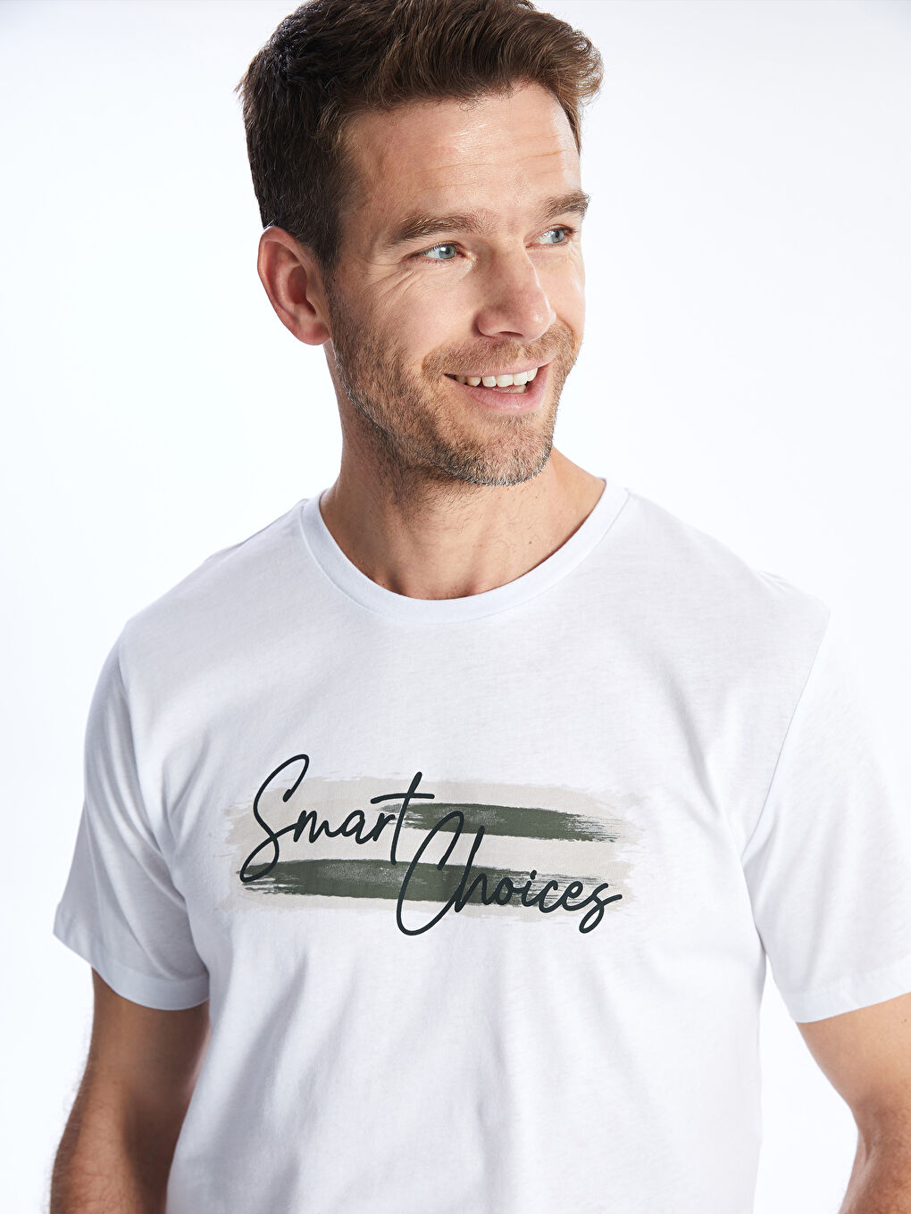 Beyaz Bisiklet Yaka Kısa Kollu Baskılı Penye Erkek Tişört