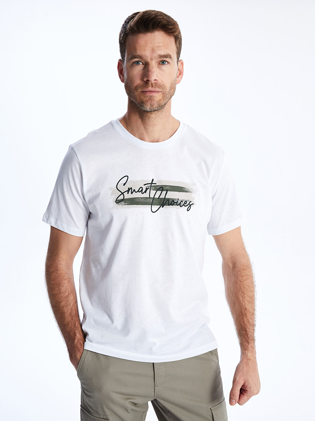 Beyaz Bisiklet Yaka Kısa Kollu Baskılı Penye Erkek Tişört-1