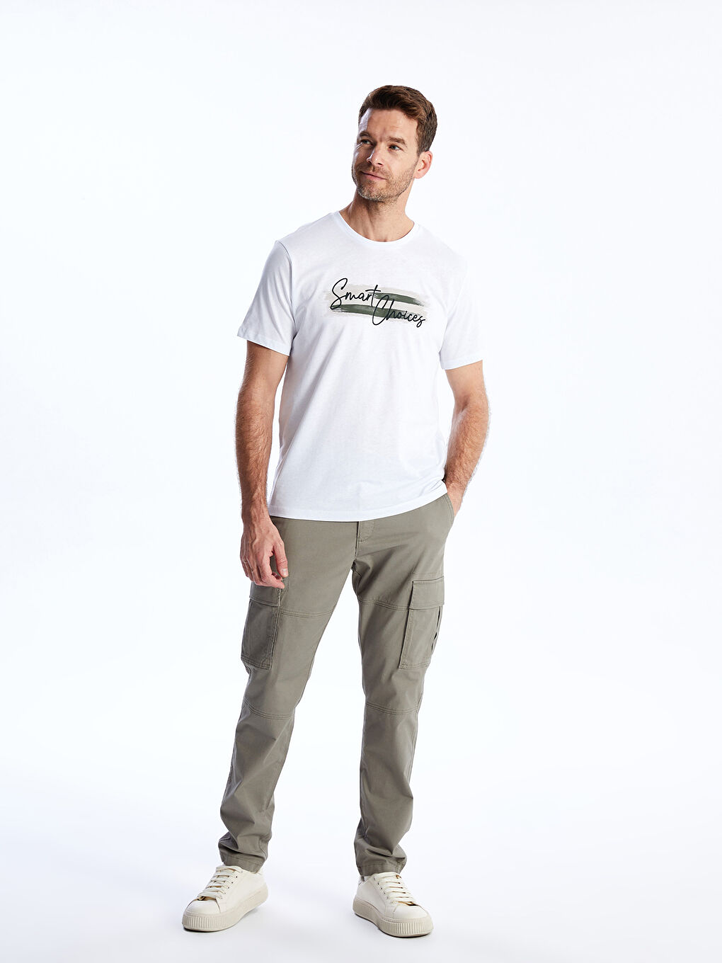 Beyaz Bisiklet Yaka Kısa Kollu Baskılı Penye Erkek Tişört-2