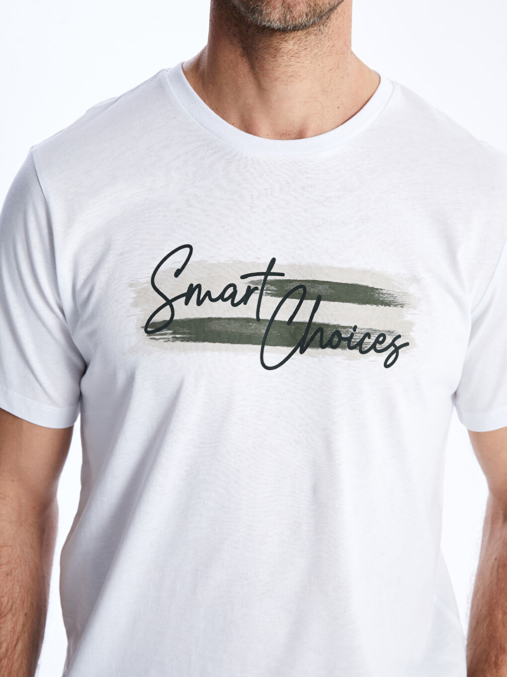 Beyaz Bisiklet Yaka Kısa Kollu Baskılı Penye Erkek Tişört-3