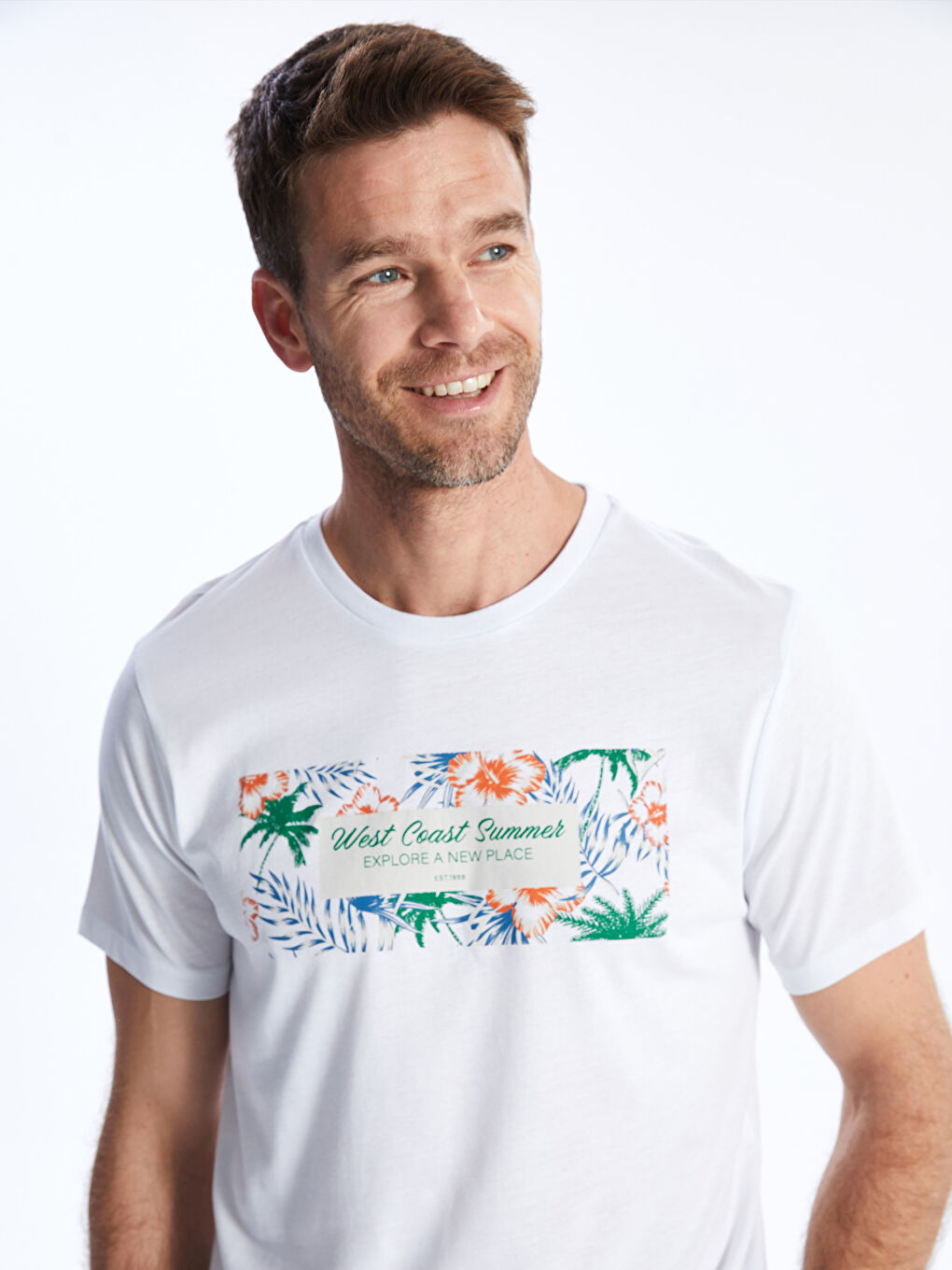 Beyaz Bisiklet Yaka Kısa Kollu Baskılı Penye Erkek Tişört