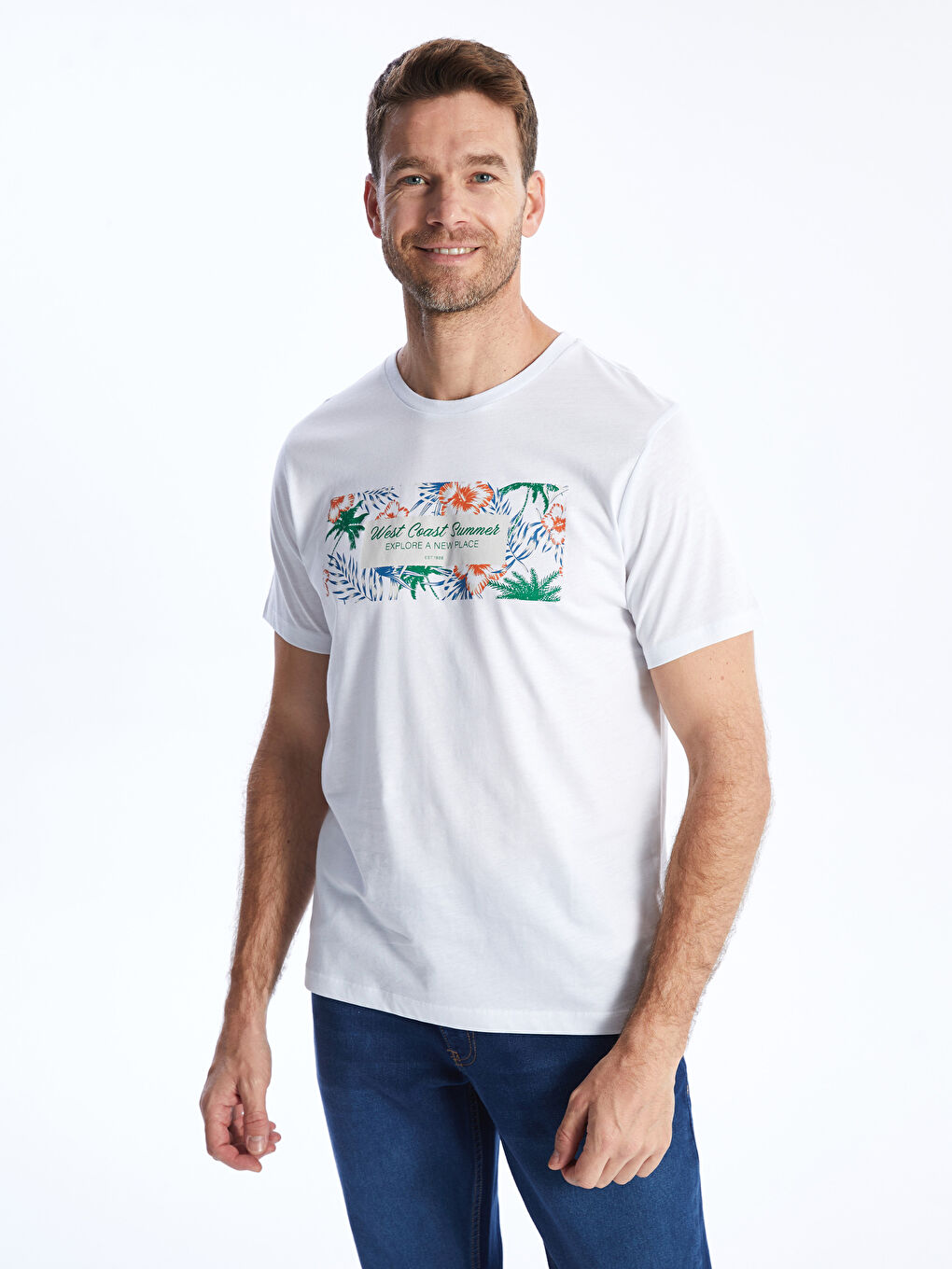 Beyaz Bisiklet Yaka Kısa Kollu Baskılı Penye Erkek Tişört-1