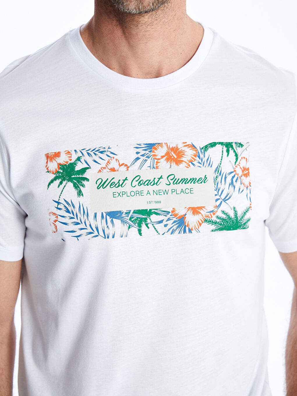 Beyaz Bisiklet Yaka Kısa Kollu Baskılı Penye Erkek Tişört-3