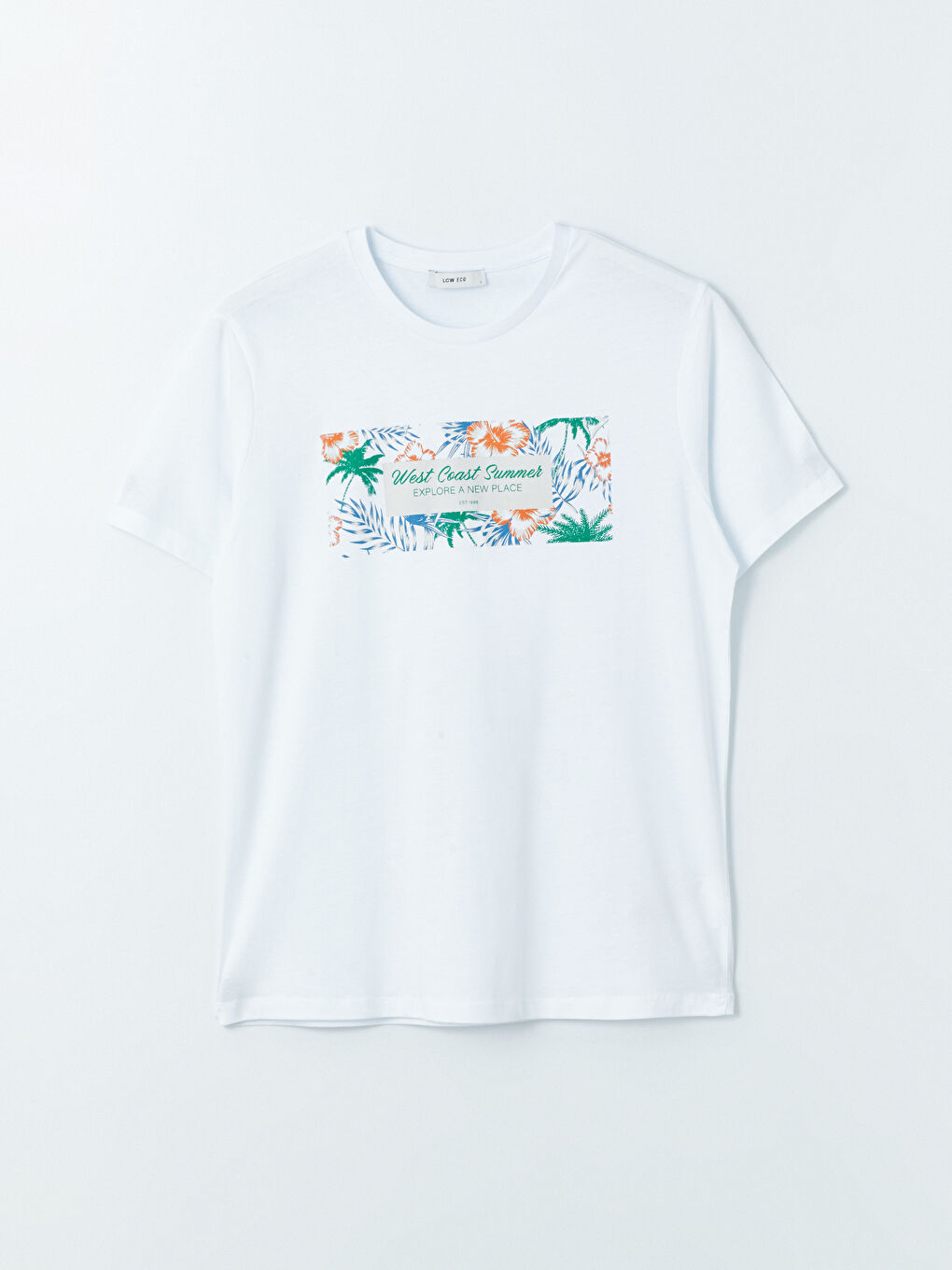 Beyaz Bisiklet Yaka Kısa Kollu Baskılı Penye Erkek Tişört-5