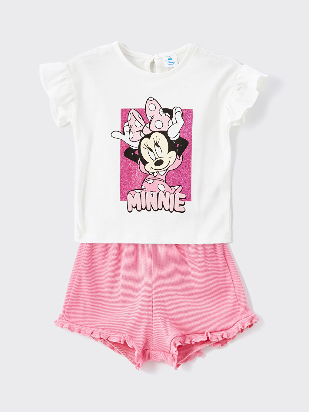 LCW baby Ekru Minnie Mouse Baskılı Kız Bebek Tişört ve Şort 2'li