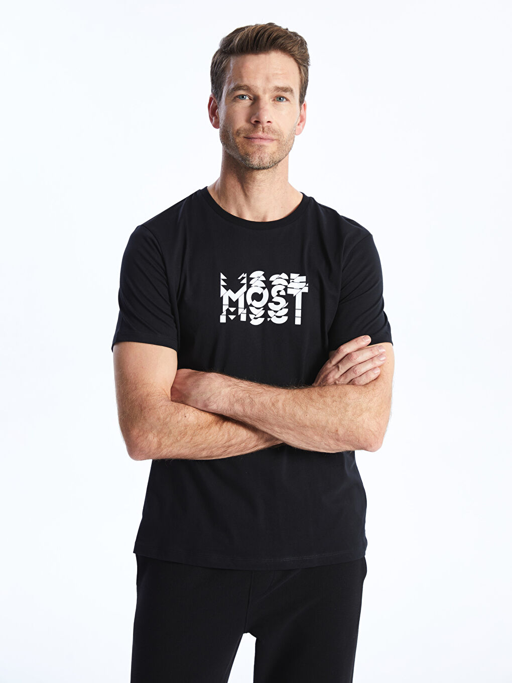 Siyah Bisiklet Yaka Kısa Kollu Baskılı Penye Erkek Tişört