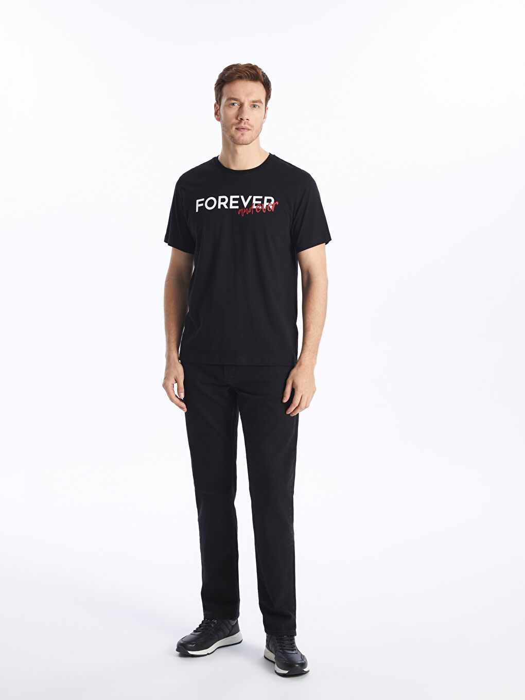 Siyah Bisiklet Yaka Kısa Kollu Baskılı Penye Erkek Tişört-1