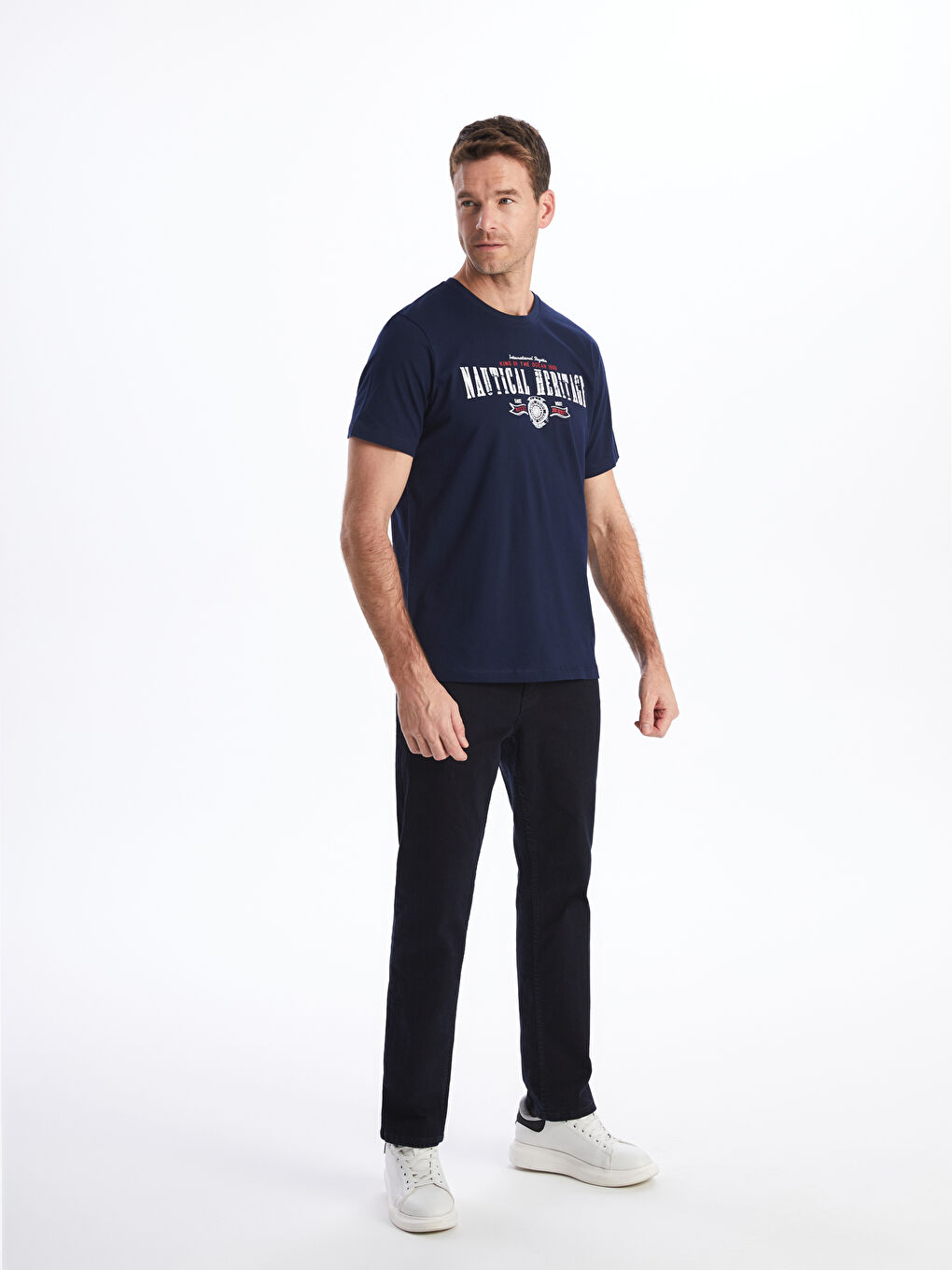 Lacivert Bisiklet Yaka Kısa Kollu Baskılı Penye Erkek Tişört-1