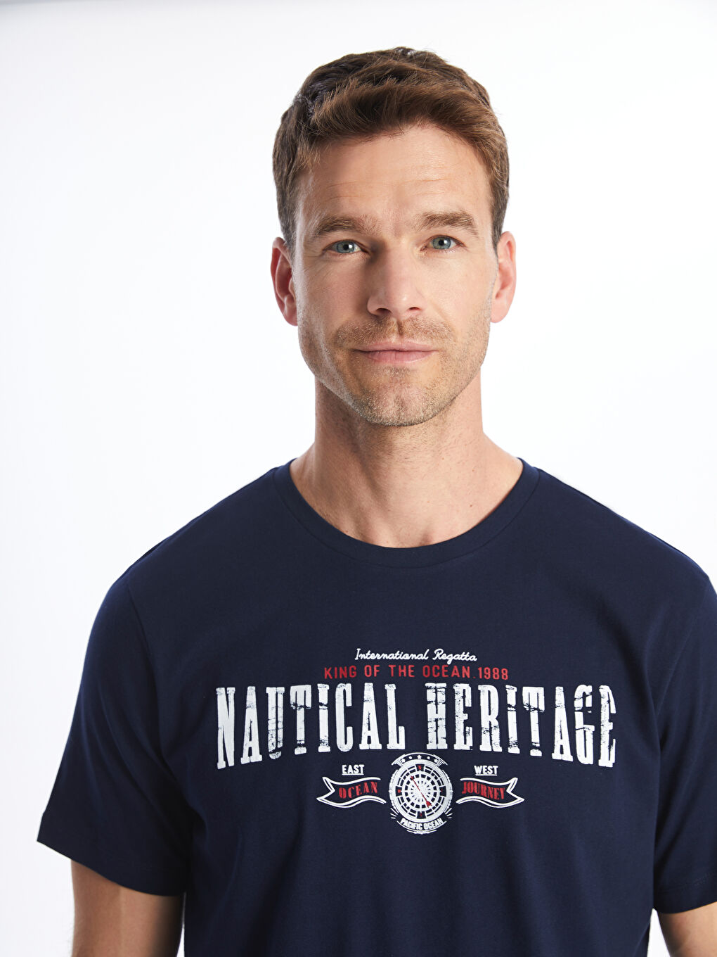 Lacivert Bisiklet Yaka Kısa Kollu Baskılı Penye Erkek Tişört-2