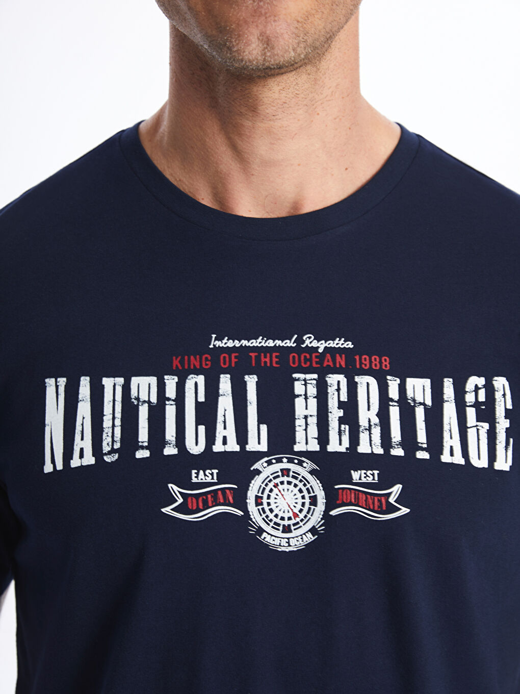 Lacivert Bisiklet Yaka Kısa Kollu Baskılı Penye Erkek Tişört-3