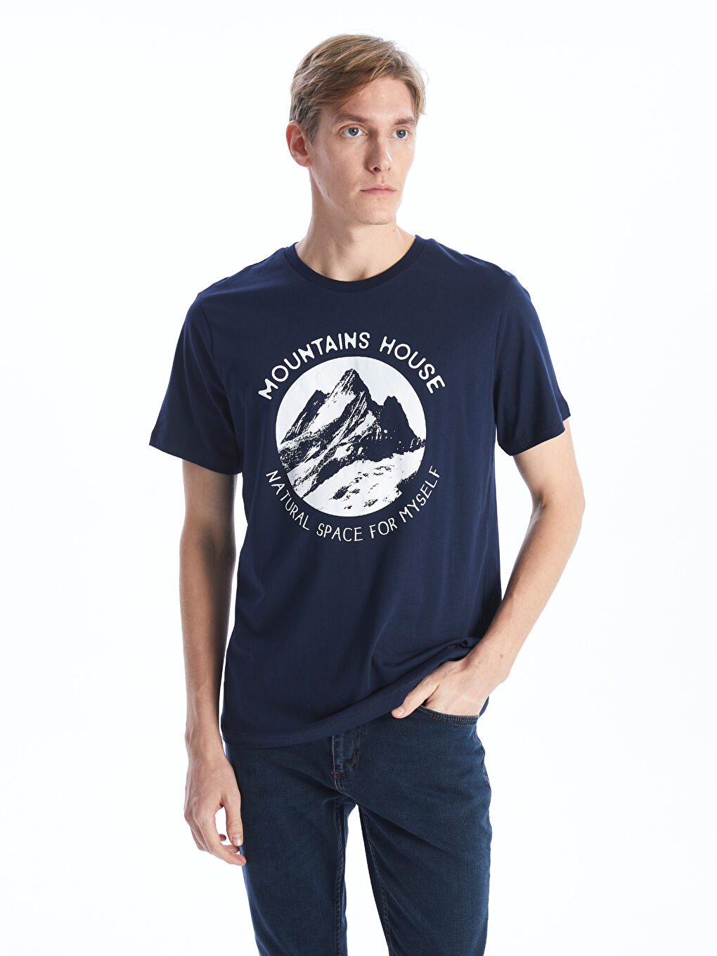 Lacivert Bisiklet Yaka Kısa Kollu Baskılı Penye Erkek Tişört