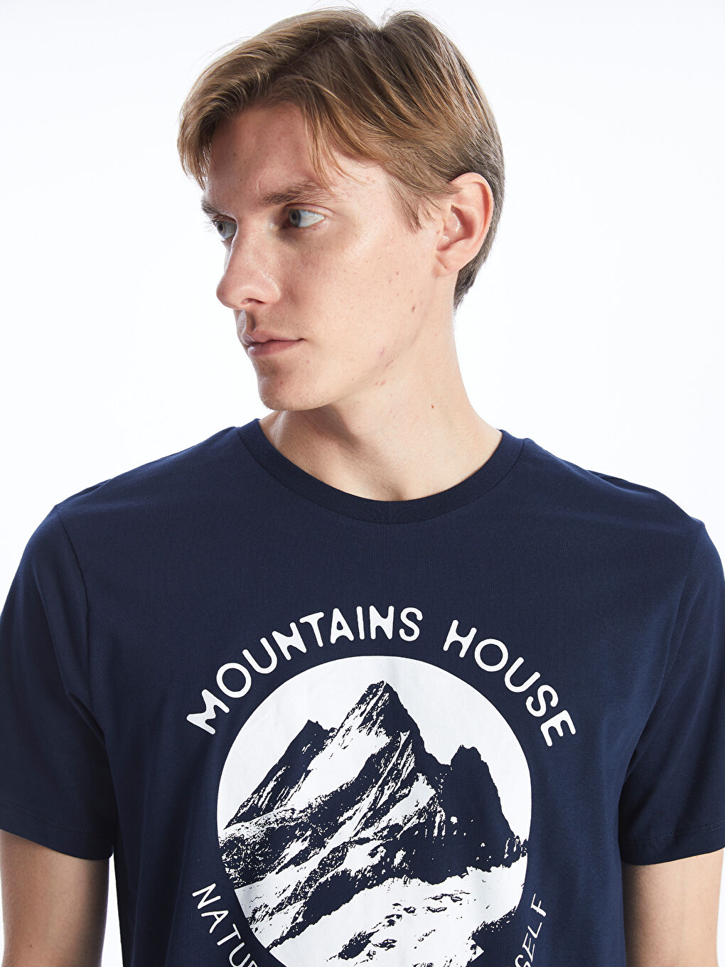 Lacivert Bisiklet Yaka Kısa Kollu Baskılı Penye Erkek Tişört-1