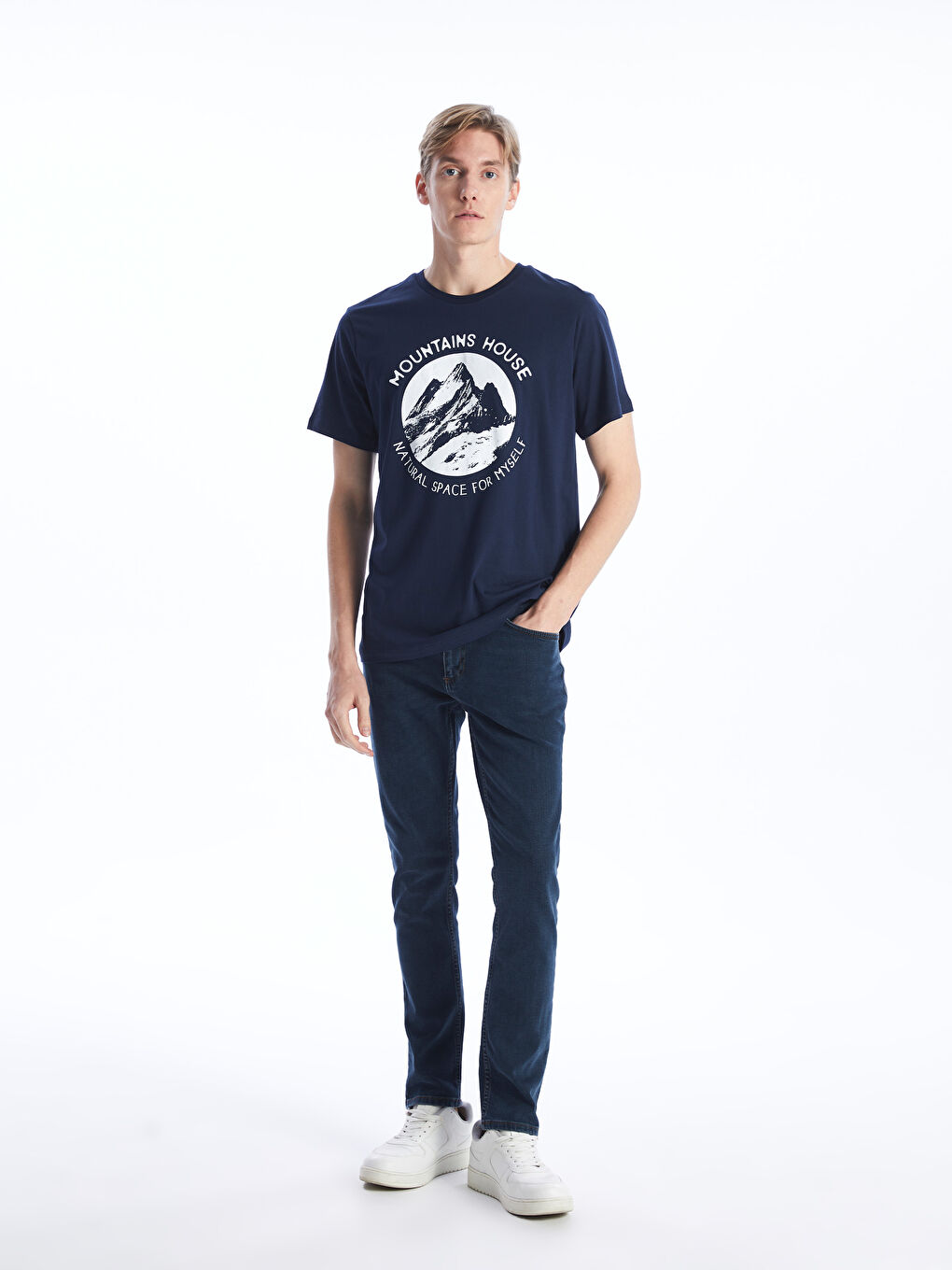 Lacivert Bisiklet Yaka Kısa Kollu Baskılı Penye Erkek Tişört-2