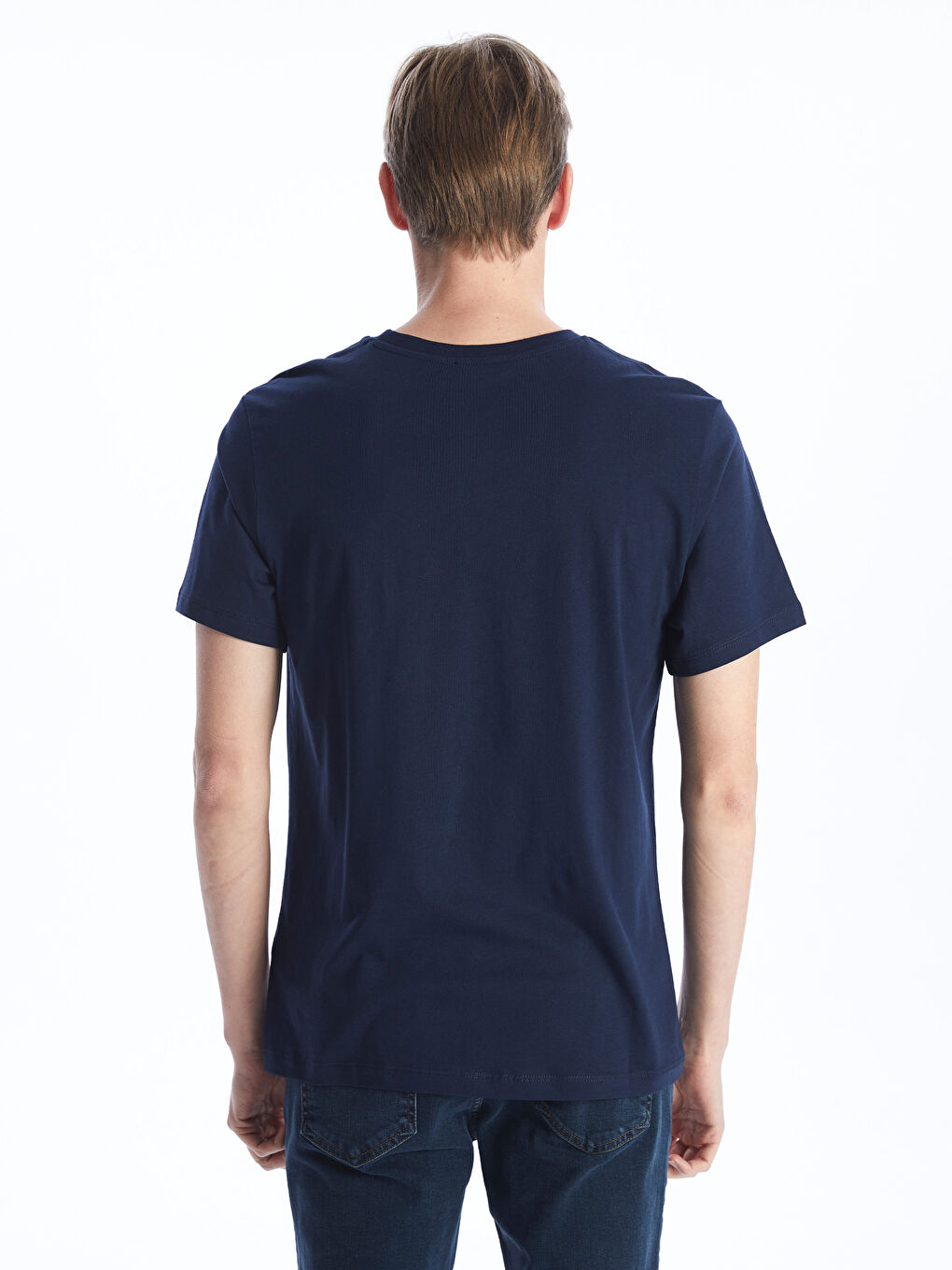 Lacivert Bisiklet Yaka Kısa Kollu Baskılı Penye Erkek Tişört-4