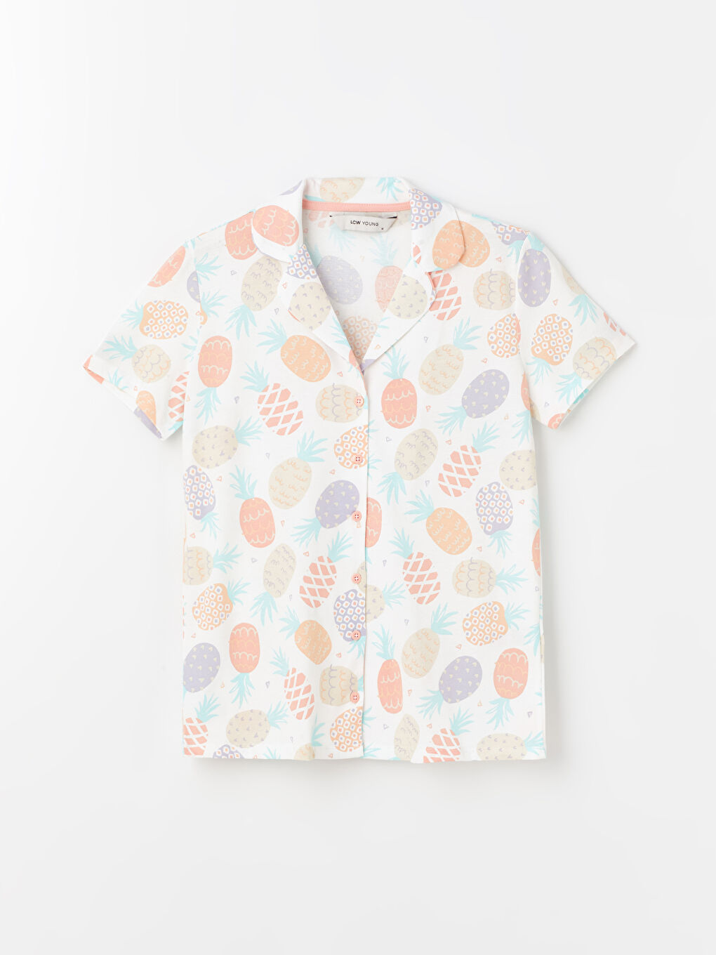 Ekru Gömlek Yaka Desenli Kısa Kollu Kadın Pijama Üstü