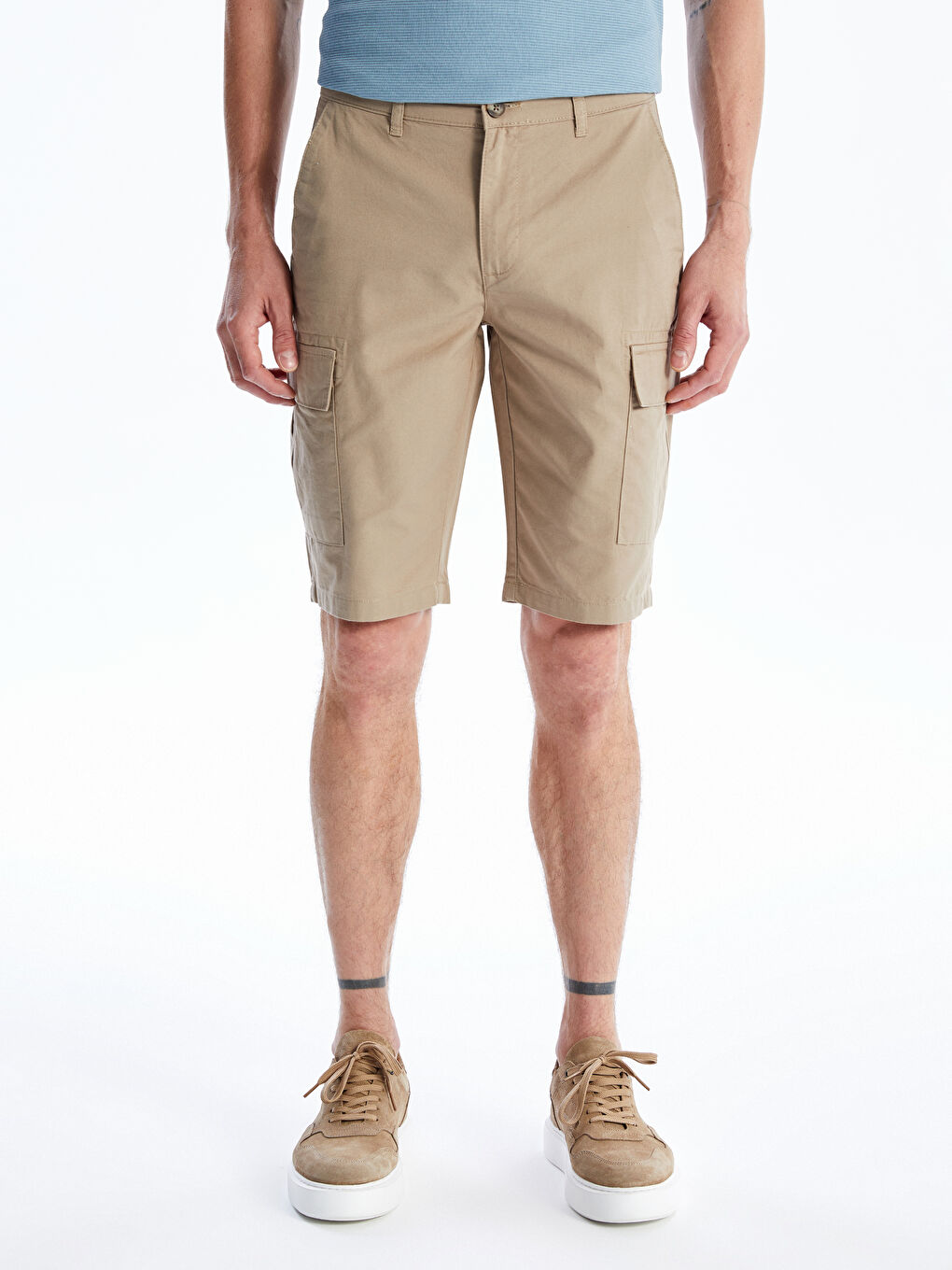 Bej Rahat Kalıp Gabardin Erkek Bermuda Şort-1