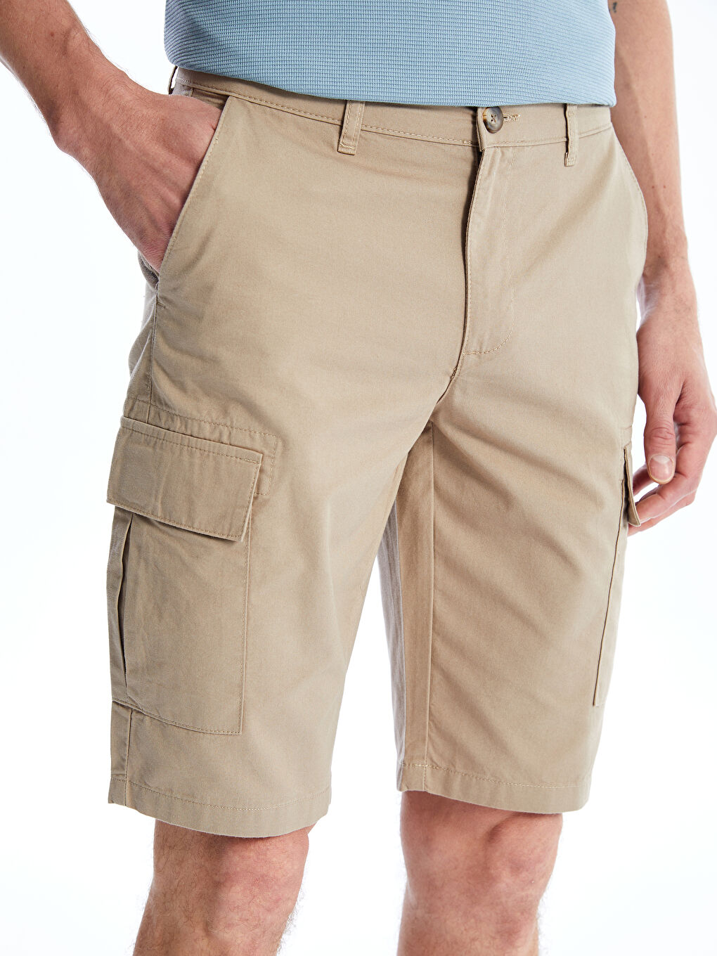 Bej Rahat Kalıp Gabardin Erkek Bermuda Şort-3