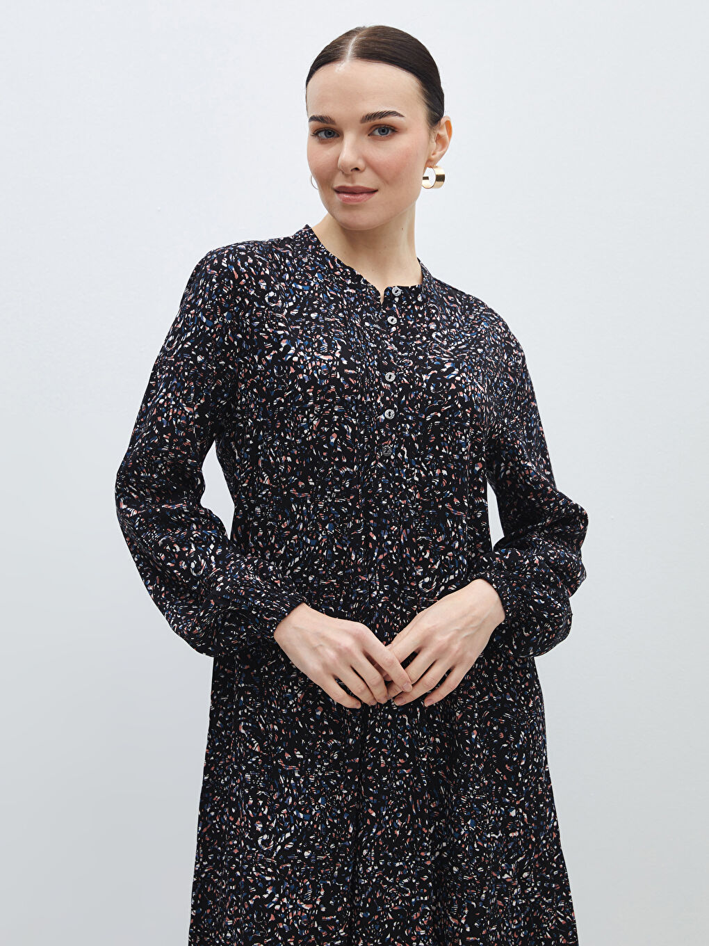 Karışık Bisiklet Yaka Desenli Uzun Kollu Kadın Elbise-2