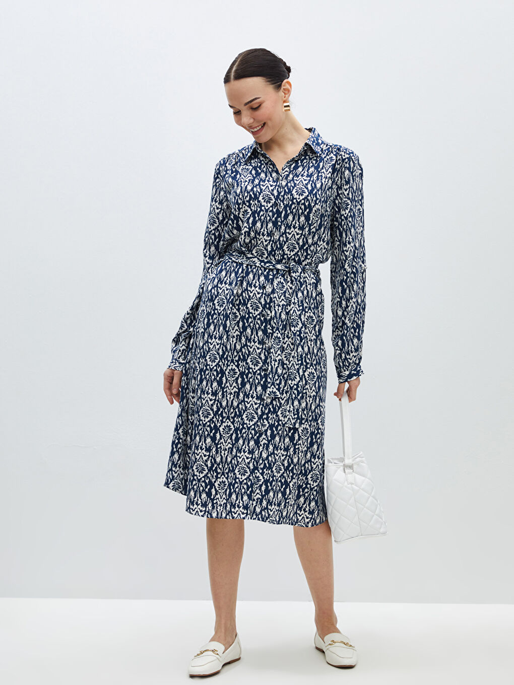 LCW Grace Patterned Long Sleeve Women's Shirt Dress -S4BR92Z8-LS3