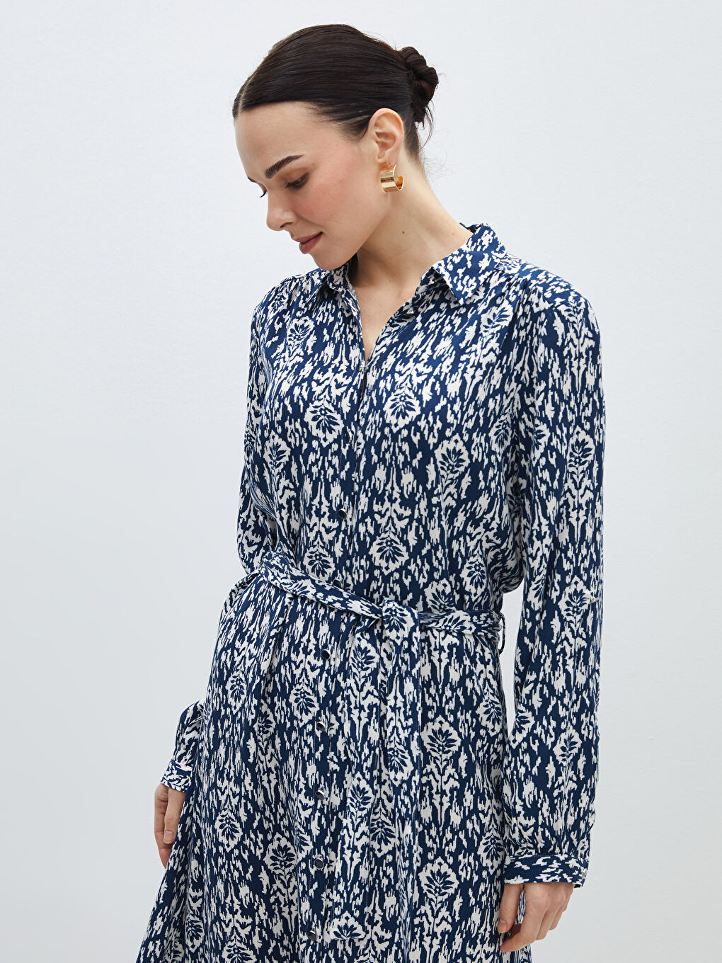 LCW Grace Patterned Long Sleeve Women's Shirt Dress -S4BR92Z8-LS3