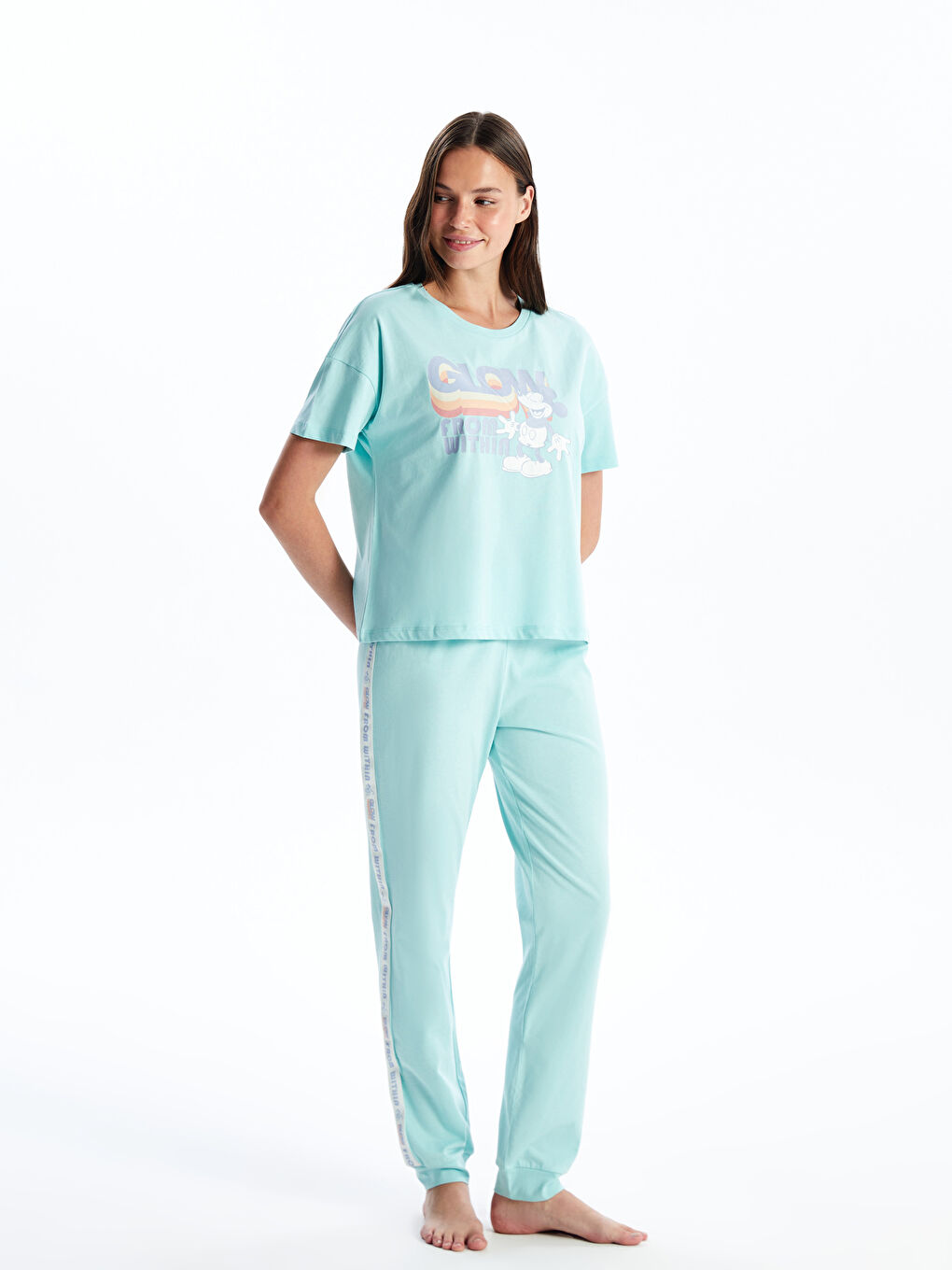 Crew Neck Mickey Mouse Printed Short Sleeve Women's Pyjamas Set -S4BS39Z8-FUZ