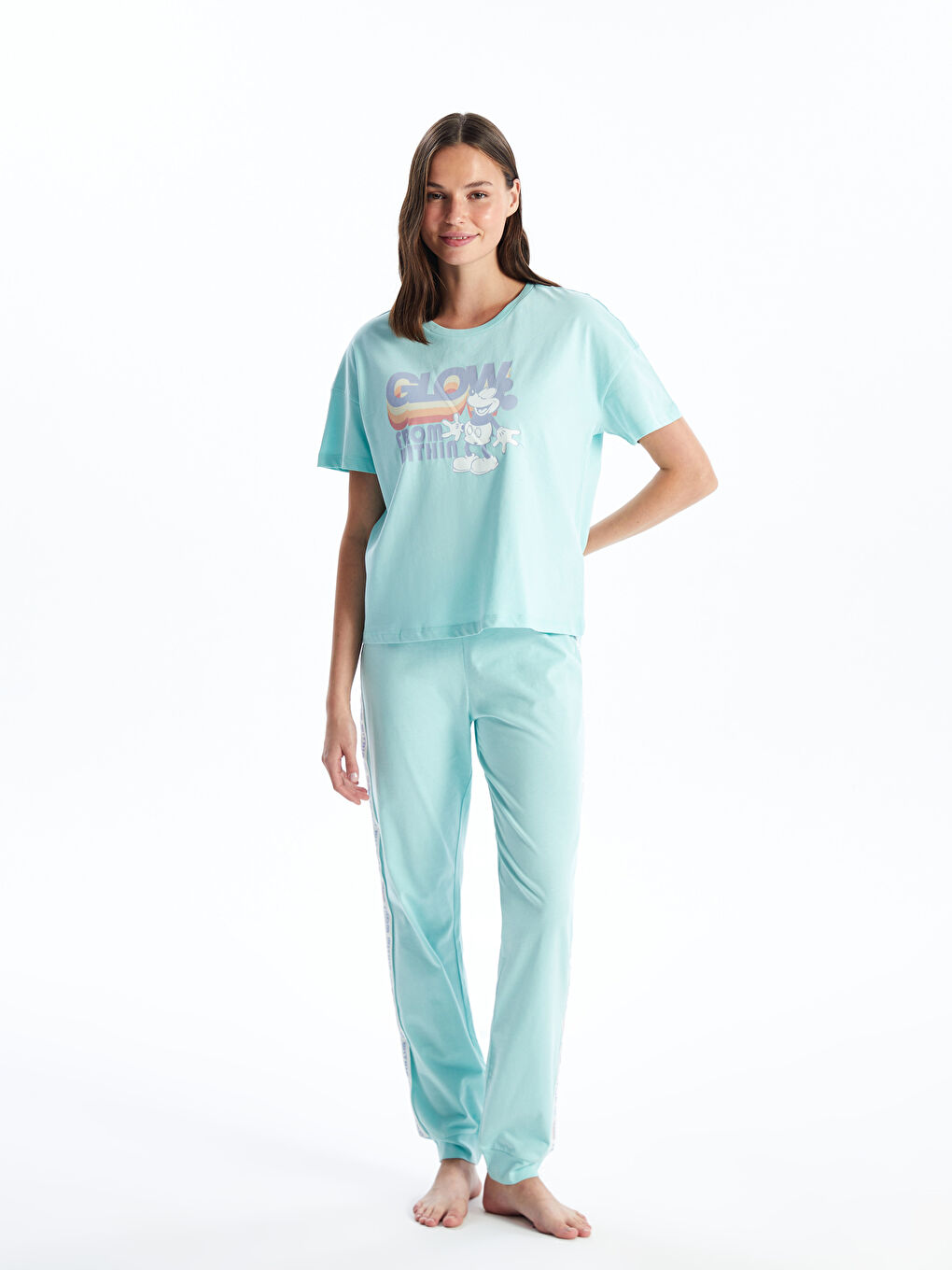 Crew Neck Mickey Mouse Printed Short Sleeve Women's Pyjamas Set -S4BS39Z8-FUZ