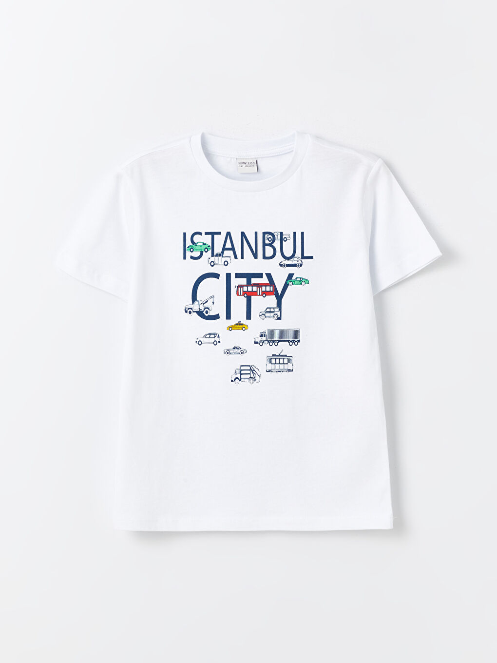 Beyaz Bisiklet Yaka Baskılı Kısa Kollu Erkek Çocuk Tişört