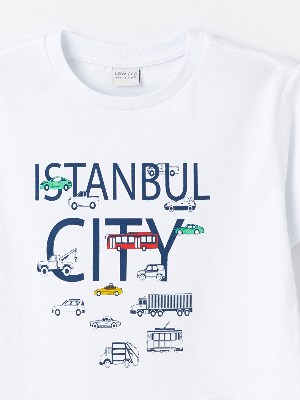 Beyaz Bisiklet Yaka Baskılı Kısa Kollu Erkek Çocuk Tişört-2