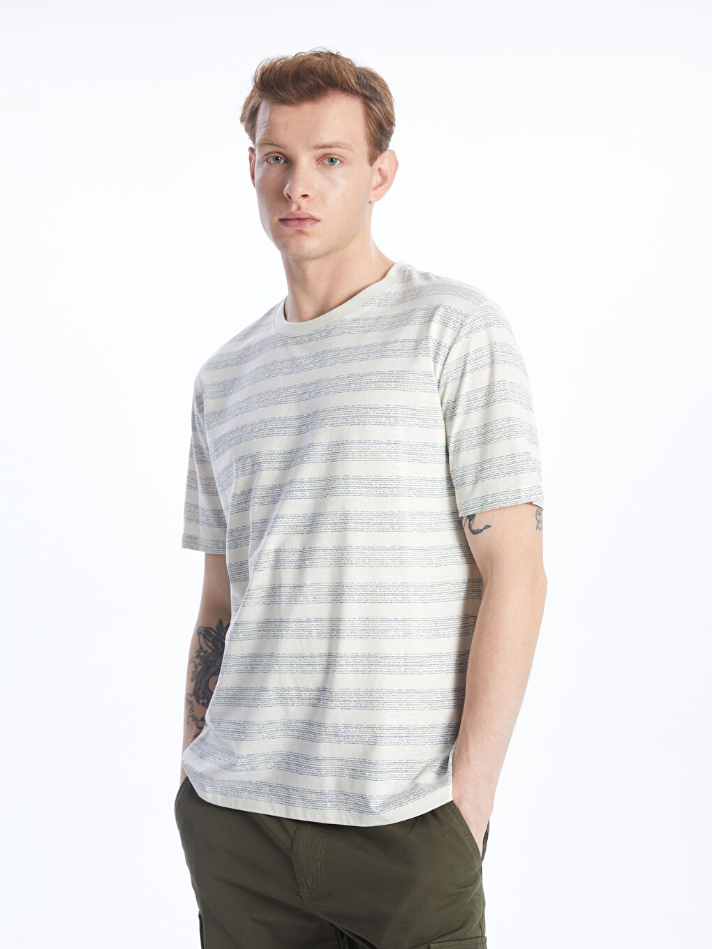 Mavi Bisiklet Yaka Kısa Kollu Çizgili Erkek Tişört-1